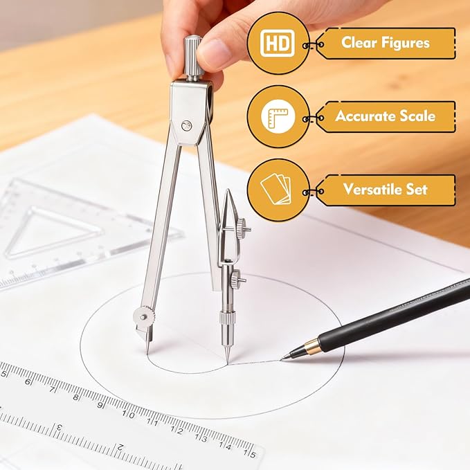 Geometry Set - 7Pcs Geometry Kit with Clear Plastic Ruler 12Inch & 6Inch, Triangle Ruler, Protractor and Compass Set for School Office Math Drawing Drafting Engineering Architecture Art