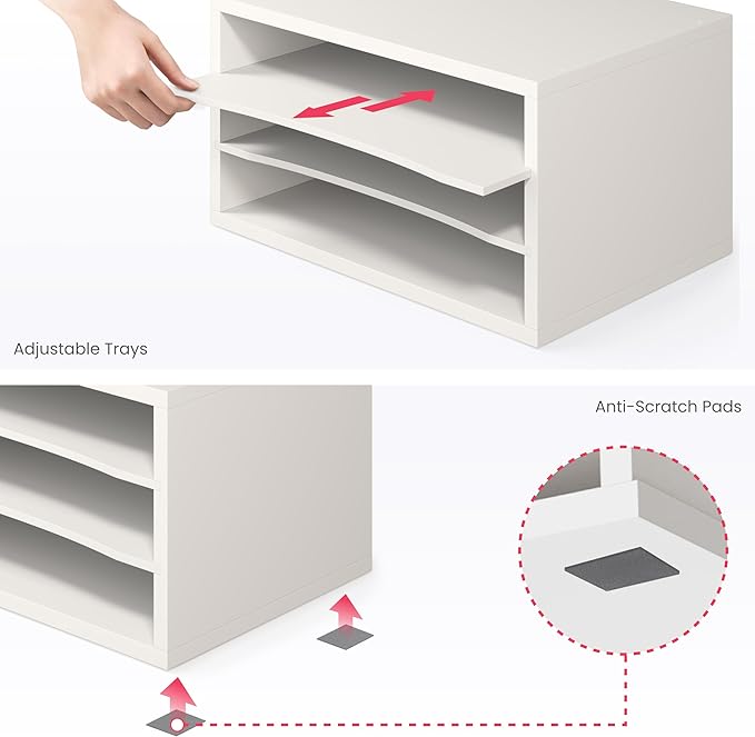 Ballucci Paper Organizer, 3-Tier Stackable Wood Desk Organizer, Document File Organizer and Mail Sorter with Adjustable Storage Shelves, White