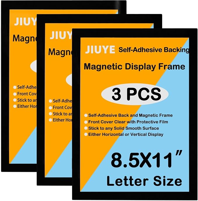 JIUYE 3Pcs Self Adhesive Magnetic Sign Holder 8.5 x 11 inches,Wall Mount Plastic Display Frame,Adhesive Magnetic Framed Paper Document Sign Holder for Home Office Store,Black