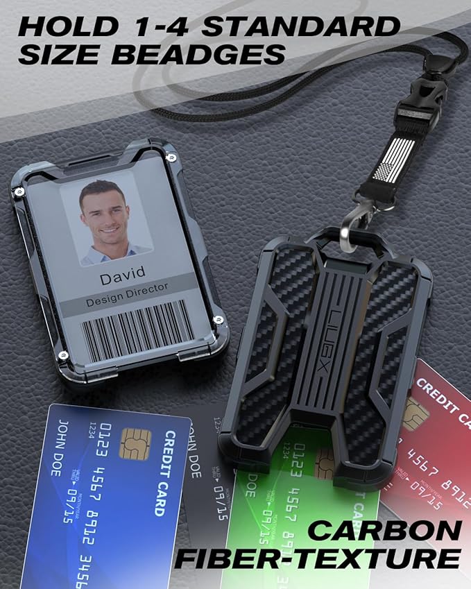 LIUGX Badge Holder with Heavy Duty Breakaway Lanyard, Carbon Fiber-Texture, Durable ID Card Holder (Holds 6 Cards) with Quick Release Detachable Buckle, Metal Clip, American Flag