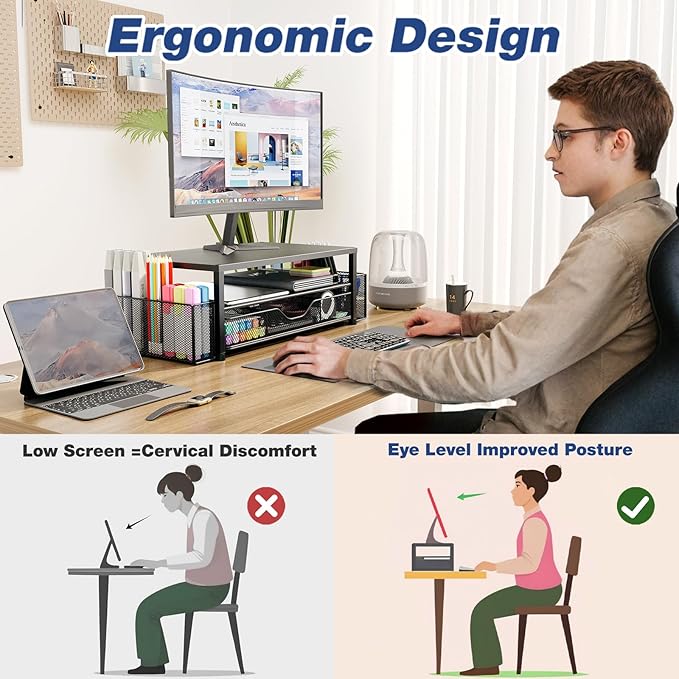 OPNICE Desk Organizers and Accessories, 2-Tier Computer Monitor Stand Riser with Drawer and 2 Pen Holders, Laptop Stand, Office Desk Accessories for Office Supplies, White