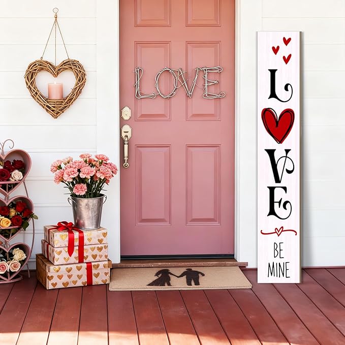 Valentine’s Day Porch Sign 47.2" Wooden “Love Be Mine” Hanging Signs, Romantic Heart Decor for Front Door, Porch, or Indoor Outdoor Valentine Party Decorations