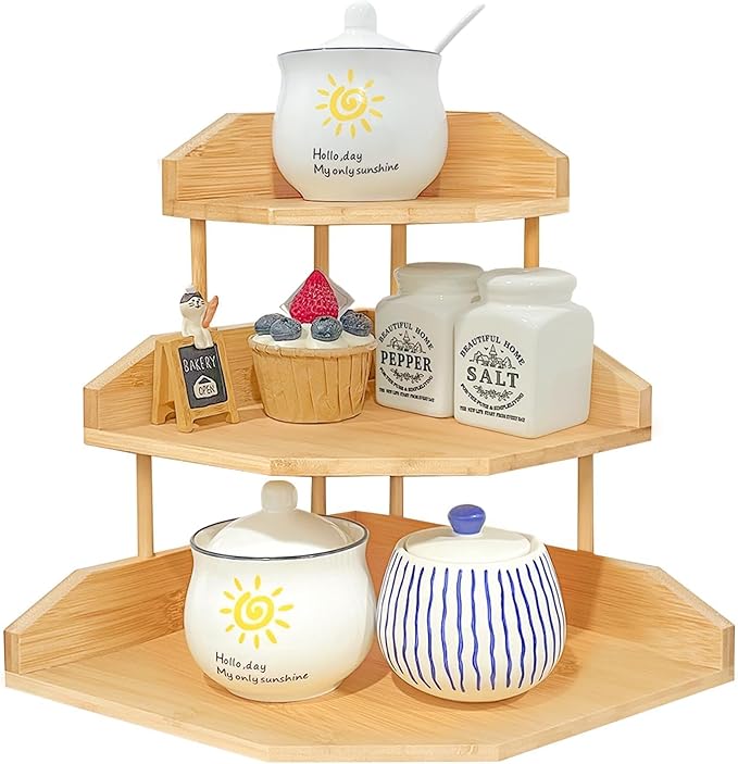 HYNAWIN Bamboo Corner Desk Organizer Shelf, 3-Tier Triangle Storage Rack for Office & Home, Space-Saving Desktop Shelf for Books, Stationery, Makeup, Small Items