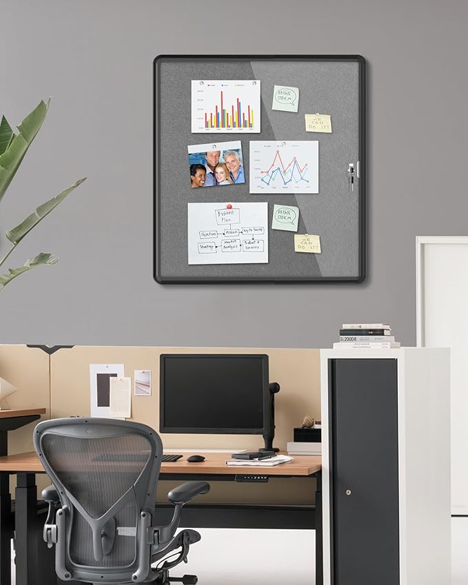 Mifuro 28"x26" Enclosed Bulletin Board, Lockable Weather-Resistant Aluminum Cork Noticeboard for School & Office, Black Frame w/Grey Flet