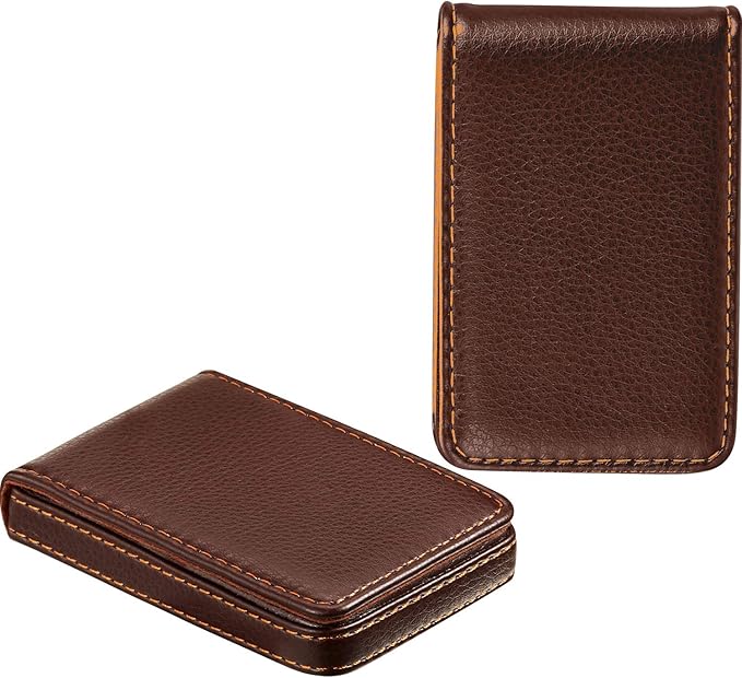 Outus 2 Pieces Business Card Holder, PU Leather Business Card Case Pocket Wallet with Magnetic Shut for Christmas Gift Men Women(Coffee and Coffee,Classic)