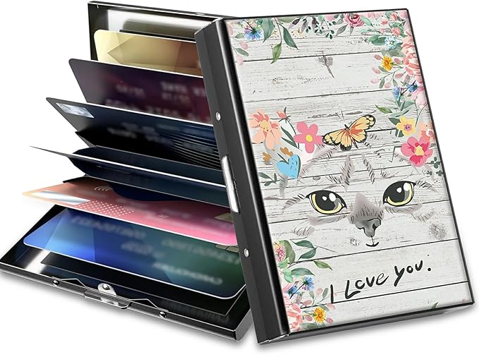 BWEGRHE Slim Credit Card Holder, Cat Flowers RFID Blocking Metal Wallet for Men & Women, Aluminum Minimalist Hard Case Pocket-Sized Business Cards Organizer (Fits Up to 10 Cards)