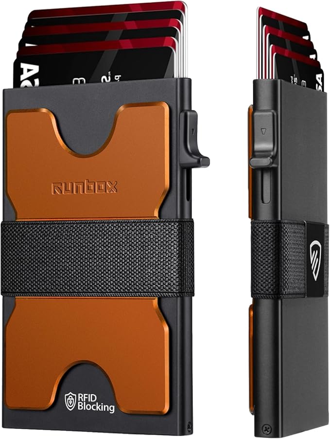 RUNBOX Slim Card Holder Wallet for Men, Minimalist RFID Blocking Wallet with Pop-Up Function, Ultra-Thin Design, Metal Business Card Cases holds 6+6 Cards, Gifts for Men, Men's Accessories