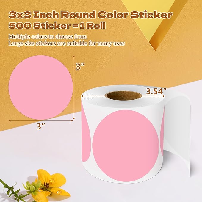3 Inch Round Color Coding Labels (500 per Roll) - Colored Dot Stickers Round Labels for Inventory, Warehouse, Office Organizing - Pink Circle Stickers