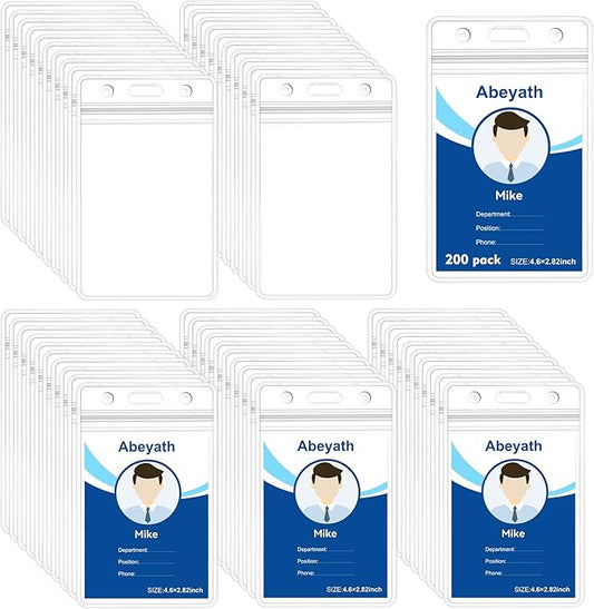 Abeyath 200 Pack Extra Thick ID Badge Holder Vertical Clear ID Card Holder with Waterproof Resealable Zip Name Tag Holder for Nurses, School and Office（ 2.25x3.5Inch）