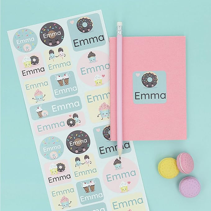 Large Name Labels for Kids (33) - Custom Stickers for Daycare and School Supplies - Durable, Waterproof Stickers for Water Bottles, Lunch Boxes, and More with Unique Designs - Sweets