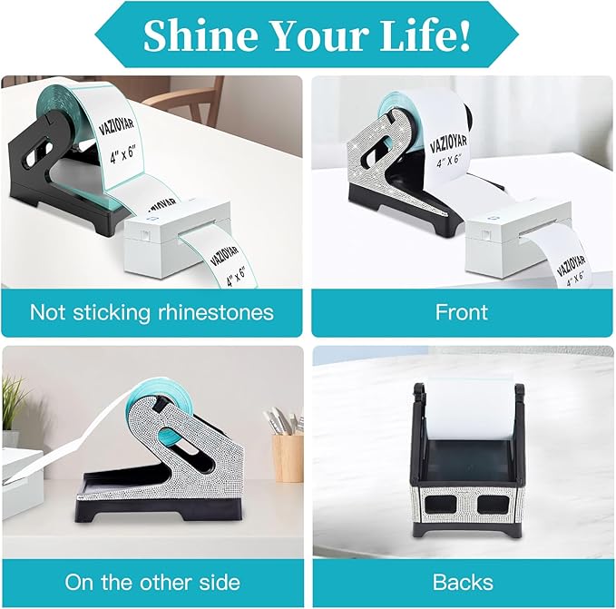 Vazioyar Shining Rhinestone Label Holder,Thermal Label Holder for Rolls and Fan-Fold Labels, Sticker Roll Holder Work with Desktop Label Printer, Label Stand Shipping Supplies for Home Office