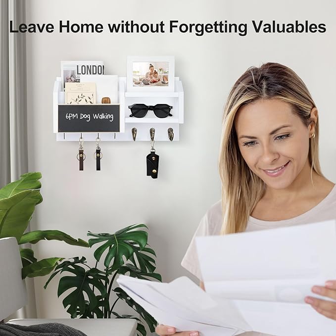 Lwenki Mail and Key Holder – Wall Mount Key Hanger with Shelf and 7 Metal Hooks – Decorative Natural Paulownia Wood Entryway Organizer with Mounting Hardware (16.5”W x 8.7”H x 3.5”D) (White)