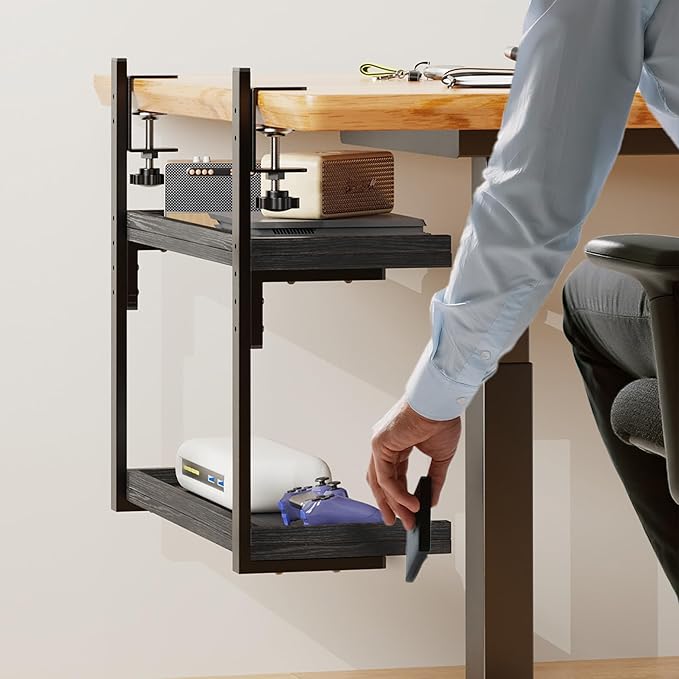 ART-GIFTREE Clamp On Desk Shelf 2-Tier, 16.5 in Wood Shelving Unit for Office Desk/Gaming Accessories, Tabletop Book Storage Rack, Shelf for Top of Desk, Black