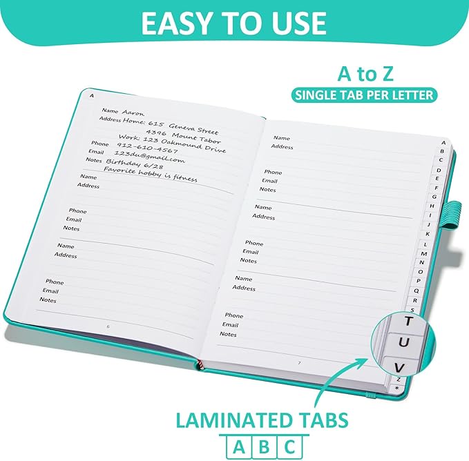 Comkiso Address Book with Individual Alphabetical Tabs Laminated, Large Print Address Book with 468 Wide Lining Entry Spaces, Change of Address Labels, Hardcover Address Book 5.7 x 8.5" - Aquamarine