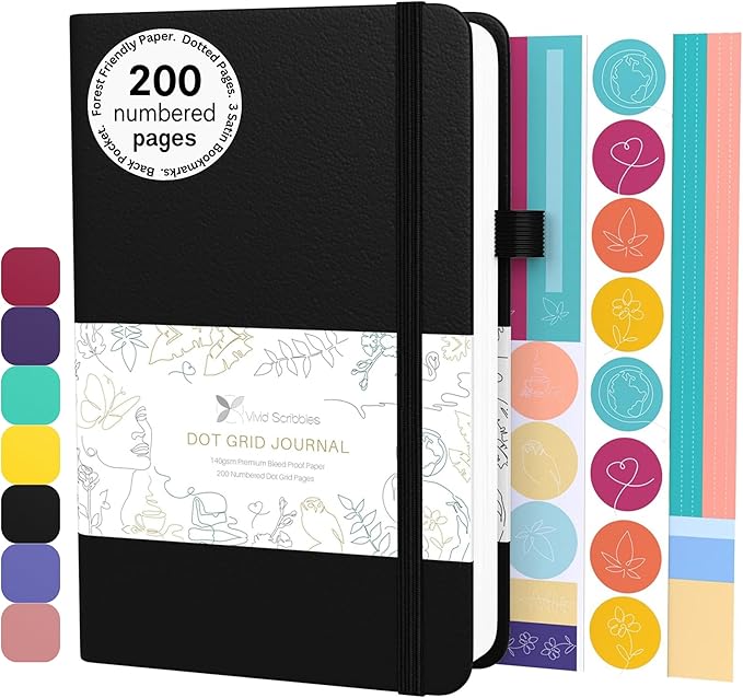 VIVID SCRIBBLES Dotted Journal – 140gsm Bleed Proof Thick White Paper – 200 Numbered Dot Grid Pages – 5.8 x 8.3 inch Bullet Dotted Notebook