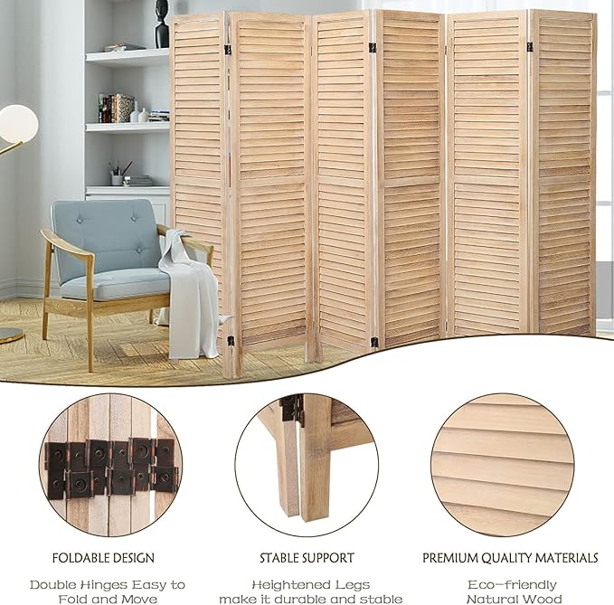 6 Panel Room Dividers and Folding Privacy Screens, Divider for Room Separation, Wood Louvered Divider Wall, Wooden Partition for Home Office Bedroom (Natural)