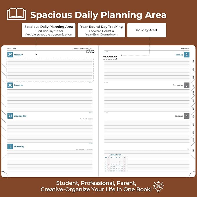 IN-LUXPRO Planner 2026 Daily Weekly and Monthly,11.5"x8.5",12 Months Spiral Bound Calendar Agenda with Self-adhesive Pen Holder,2026 Appointment Book with Vegan Leather Soft Cover,Brown