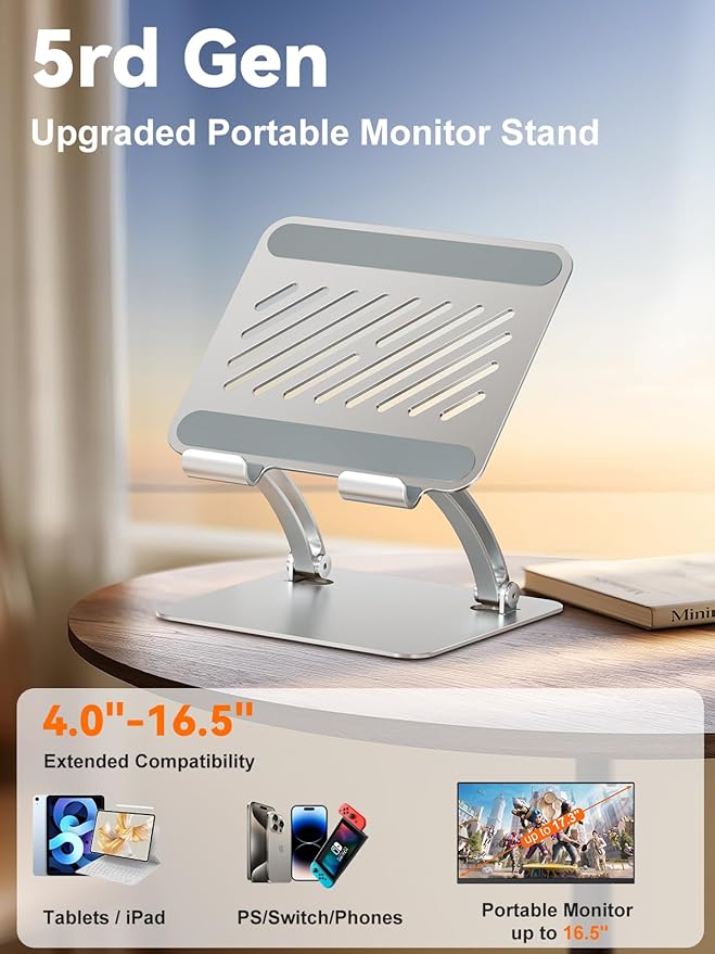 tounee Tablet Holder Stand, Dual Rod Adjustable Aluminum Desktop Stand, Compatible with 4.7-16.9" iPads, Surface Tablets, Portable Monitors, Kindle & More (Silver)