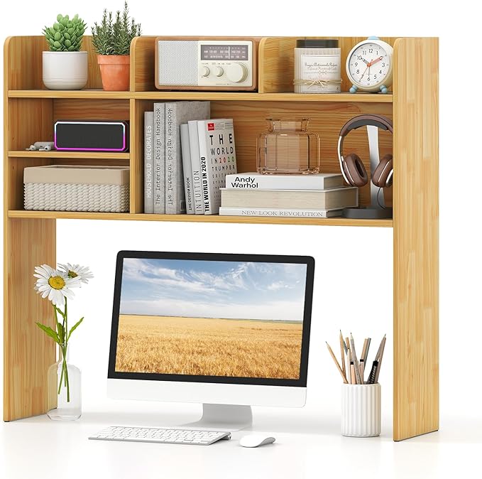 Tangkula Desktop Bookshelf for Computer Up to 32”, 37” Countertop Storage Hutch with 6 Storage Shelves, 3-Tier Desktop Organizer Display Rack, Wooden Desk Hutch for Dorm Home Office (Burlywood)