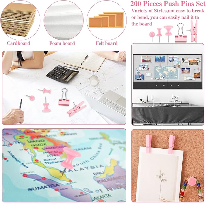 200 Pieces Push Pins Pink Thumb Tacks Cute Decorative Push Pins for Cork Board, 5 Style for Bulletin Boards Wall Maps Pictures Office