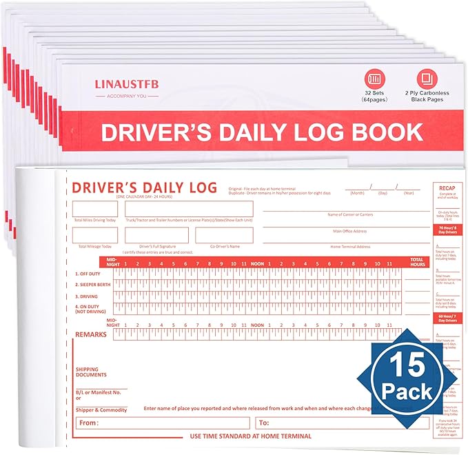 LINAUSTFB Daily Log Books for Truck Drivers with 7 and 8 Day Recap, 15 Pack, 32 Sets of Forms per Book, 8.5" x 5.5" with Detailed, 2-Ply Carbonless Driver Log Book