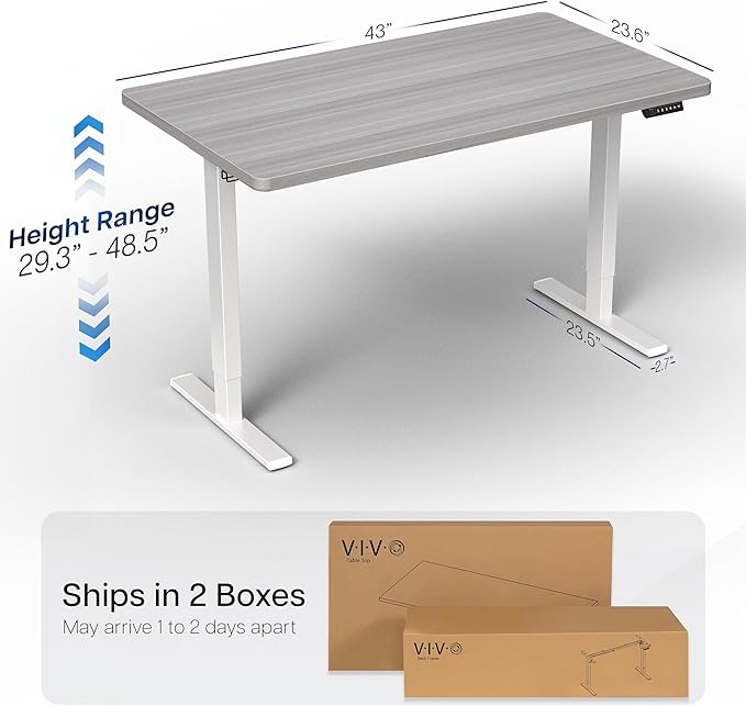 VIVO Electric 43 x 24 in Standing Desk, Memory Height Adjustment, 1B Series, Holds 220 lbs, One-Piece Dark Gray Top, White Frame, DESK-KIT-1W4G