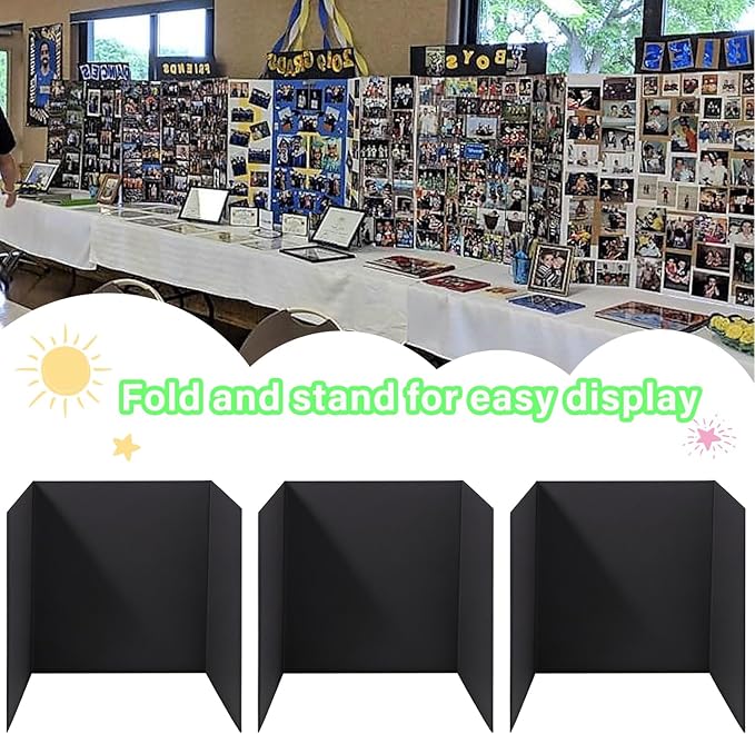 3-Pack Black Trifold Display Boards, 24 x 16 Inches Tri-Fold Corrugated Presentation Boards for Classroom Projects, Science Fairs, Business Events, and Exhibits