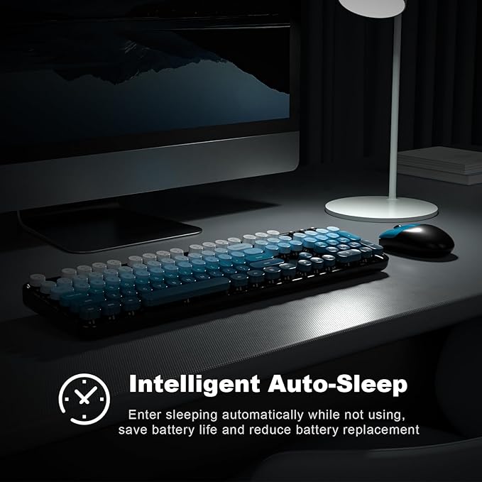 MOFII Wireless Keyboard and Mouse Combo, Full Size 2.4G Plug and Play Typewriter Retro Round Computer Keyboard and Mouse Set for Windows, Computer, Desktop, PC, Notebook - (Black Blue Gradient)