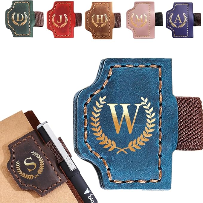 Personalized Mark Bookmark with Pen Holder, Leather Magnetic Book Marker 26 Letters,Custom Initials Page Marks, Gifts for Book Lovers Readers Men Women (Blue, W)