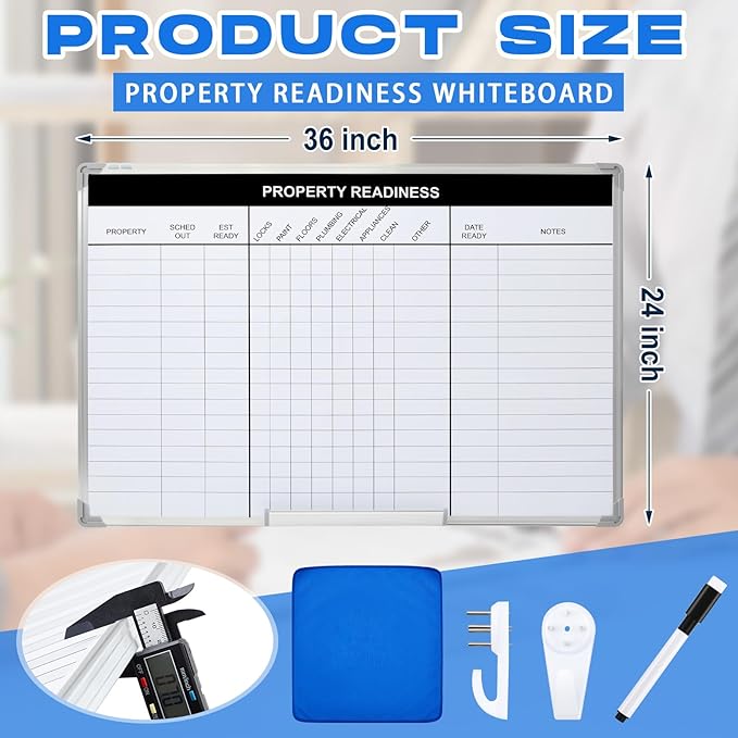 Lincia Property Readiness Dry Erase Whiteboard Magnetic Dry Erase Board with Lines Sliding Marker Tray Aluminum Frame White Board Planner for Wall Property Management Track Office Supplies(36" x 24")