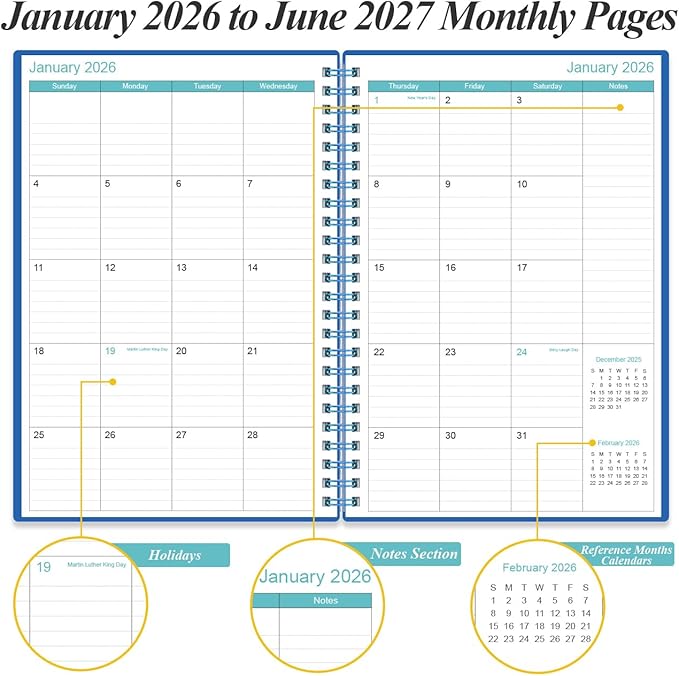 2026-2027 Planner - Weekly & Monthly Planner from January 2026 - June 2027, Spiral Planners 2026-2027 with Elastic Closure, Inner Pocket, Medium 5.8" x 8.3", Blue