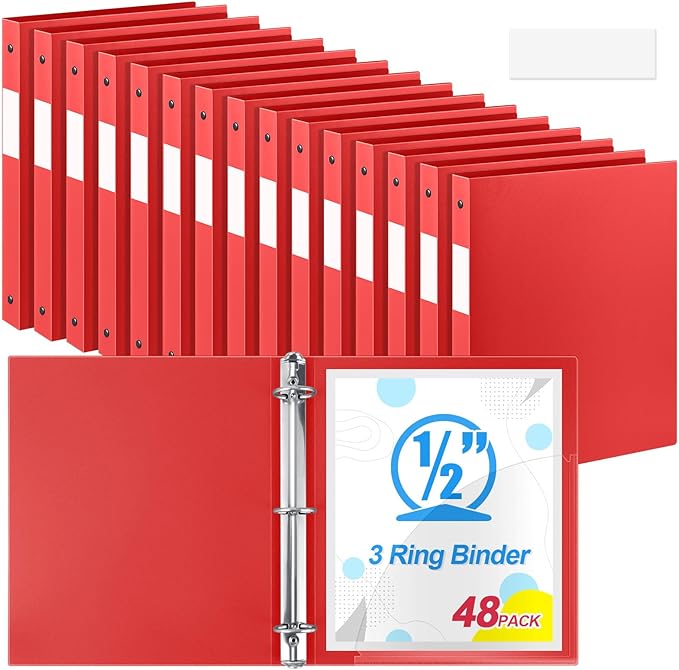 Henoyso 48 Pcs 3 Ring Binder 0.5 Inch Round Fits Letter Size 8.5'' x 11'' Paper Plastic Flexible Binder Bulk Holds 140 Sheets with 1 Pockets Versatile Organizer for Home Office School (Red)