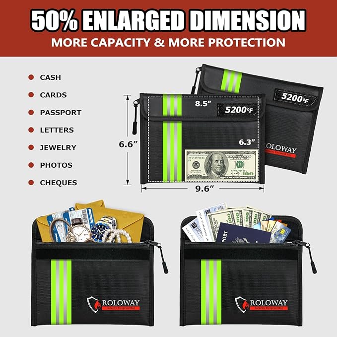 ROLOWAY Fireproof Bag (9.6 x 6.6 inches) 5200℉ Heat Insulated with Reflective Strip, Fireproof Money Bag with Zipper for Cash (2-Pack Black)