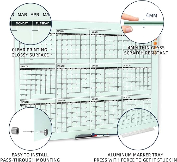 TSJ OFFICE Glass Calendar Whiteboard - 48 x 36 Inches Wall Mounted Dry Erase Yearly Planner for Wall, Large Magnetic Glass White Board for Office, Home & School