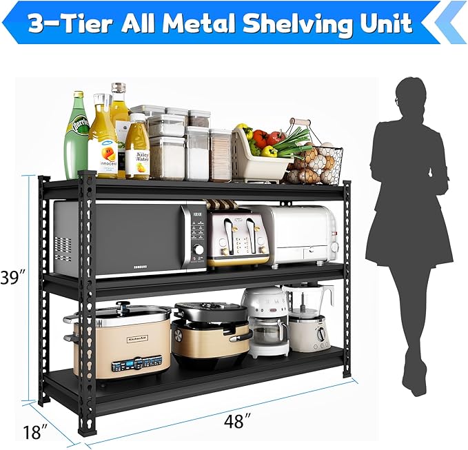 SDXYSTCE 48" W Garage Shelving Heavy Duty, 1500LBS Loads Adjustable Garage Storage Shelves, 3-Tier Metal Shelving Units and Storage Racks, Industrial Utility Shelf,48" Wx18 Dx39 H, Black
