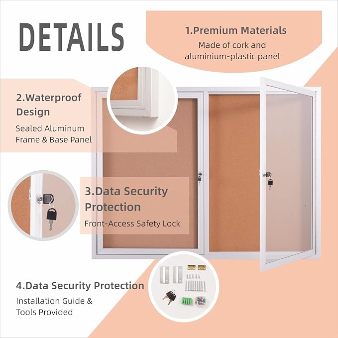 48x36 Inch Lockable Enclosed Bulletin Board, Weather-Resistant Outdoor Noticeboard with 2 Locking Doors, Wall-Mounted Silver Aluminum Frame & Cork Presentation Board