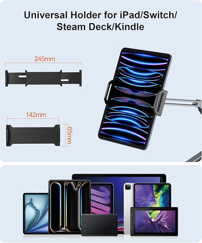 YICOSUN Tablet Arm Mount with Super Grip, Adjustable Foldable Holder & Heavy Duty Aluminum 360° Rotating Clamp for iPad, Phone, Monitor, Kindle - Universal for Desk, Bed, Kitchen - Gray