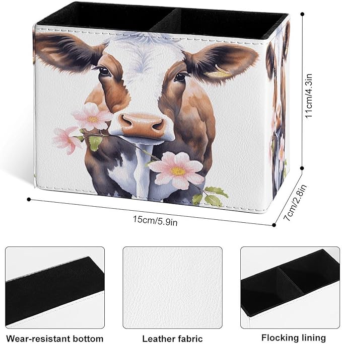 Famame Cow Eating Pink Flowers Pencil Holder for Desk, Leather Desktop Container Pen Cup Storage Study Table Pen Organizer Makeup Brush Holder for Classroom Office Home