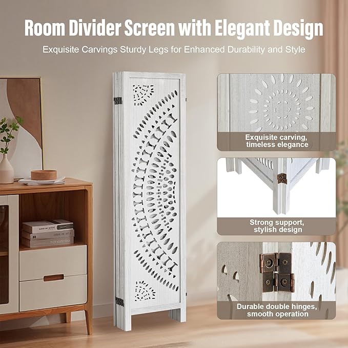 ALeesing 6 Panel Wood Room Divider Fully Assembled, Decorative Room Dividers and Folding Screens, 5.6Ft Room Divider Screen Freestanding Partition Wall Dividers for Home Bedroom Office, White