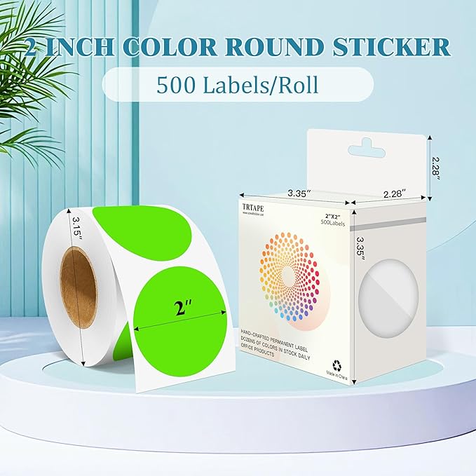 2 Inch Round Color Coding Labels (500 Count) - Light Green Dot Stickers Circle Labels with Dispenser Box for Warehouse, Filing, Industrial, Office Organization