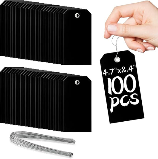 100 Pcs Waterproof Hanging Price Tags with String Attached - Black, 4 3/4" x 2 3/8" for Retail, Engraving, Gift, Equipment, Garage, Shelf Parts