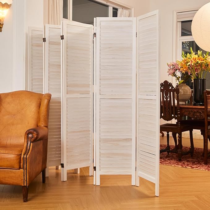Room Dividers and Folding Privacy Screens, Wood Louvered Separators Divider Wall for Home Office Bedroom - 8 Panels (White-Washed)