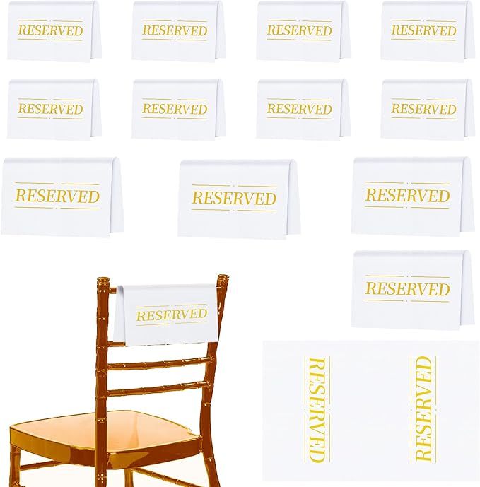 12 Pcs Reserved Seating Signs Reserved Chair Sign Printed Placeholder for Church Pew, Wedding, Party Events (Gold and White, 12 Pcs)