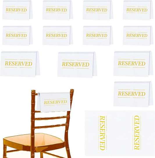 12 Pcs Reserved Seating Signs Reserved Chair Sign Printed Placeholder for Church Pew, Wedding, Party Events (Gold and White, 12 Pcs)