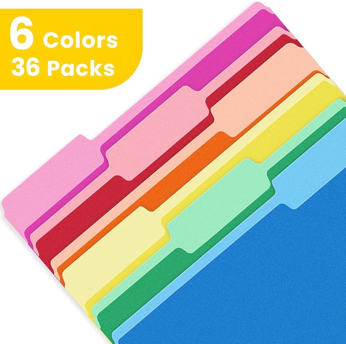 SUNEE File Folders, 36 Pack Manilla Folders 8.5 x 11, Colored File Folders Home Office School Supplies for Documents Files Paper, 6 Assorted Colors