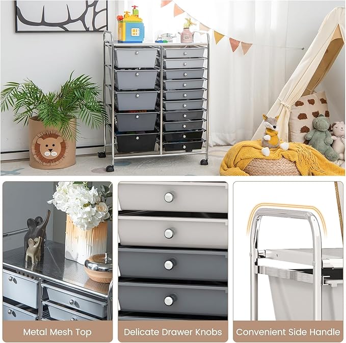 LDAILY 15 Drawer Rolling Storage Cart, Rolling Cart with Drawers for Classroom, Art Supply Craft Organizer on Wheel with Metal Frame & Handles for Home Office School