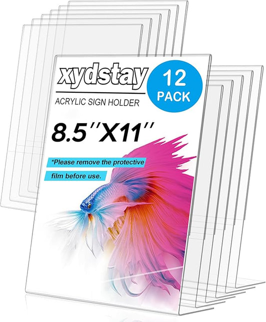 xydstay 12pack 8.5x11 Acrylic, L Shape Clear Plastic, Menu Holder, Unbreakable Table Sign Holder for Restaurant, Office, School, Store and Home Use