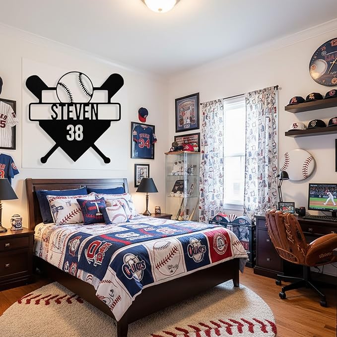 Personalized Baseball Metal Sign Custom Name & Number Sign Baseball Player Gift Boys Room Decor Softball Lover Present Sports Wall Art Decor Gift for Girls, Team, Dad, Man, Woman
