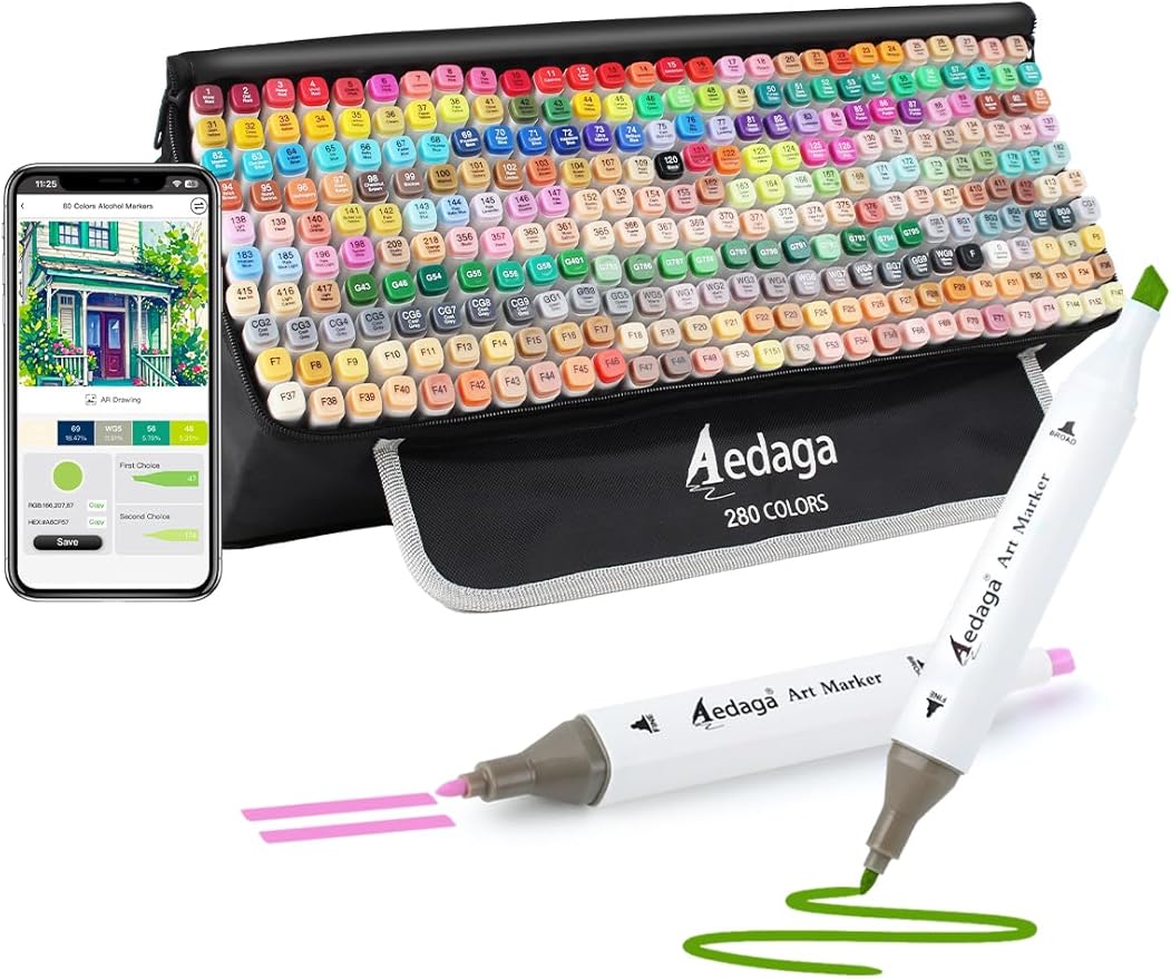AEDAGA 280 Colors Alcohol Markers with Free App, Dual Tip Art Markers with Kickstand Case for Artists Adults,Alcohol Based Marker for Coloring Painting Sketching and Drawing, Great Gift