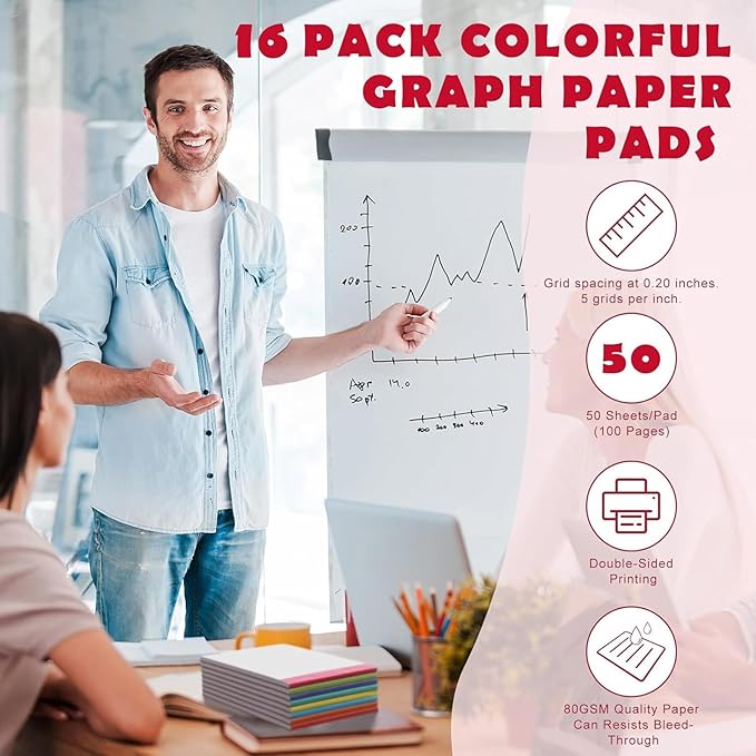 Jetec Small Graph Paper Notepad 5 x 8 Inch Mini Notebook Double Sided Memo Pads Back to School Supply Pocket Notepad Assorted Colors 50 Sheets Graph Paper Notebook(Grid(5x5),16 Pcs)
